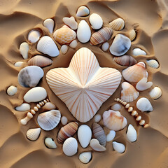 A symmetrical arrangement of shells on a sandy beach