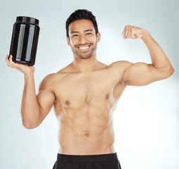 Fitness, portrait and man with protein or bicep flex in studio for workout, exercise or gain on white background. Product, whey and model face with strong arm for muscle growth or supplement support