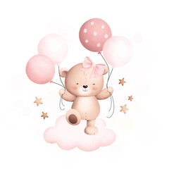 Obraz na płótnie Canvas Watercolor Illustration cute teddy bear on the cloud with balloons
