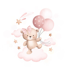 Watercolor Illustration cute teddy bear on the cloud with balloons