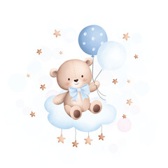 Watercolor Illustration cute teddy bear sits on the cloud with balloons3