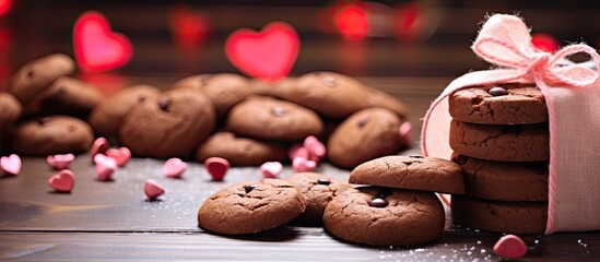 Naklejka na ściany i meble Valentine's Day treat: Chocolate cookies and hearts cooling on counter.