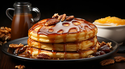 Stack of pancakes with honey syrup on a dark background.