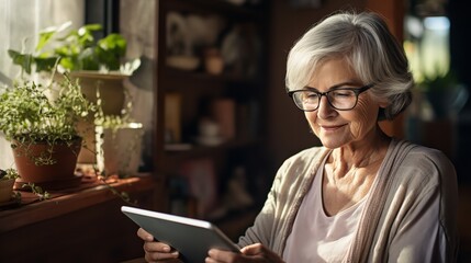 Senior woman using a digital tablet at home. Ai generative - obrazy, fototapety, plakaty