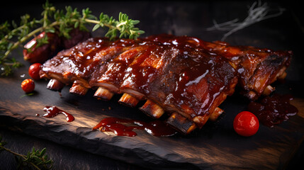 Hickory-smoked ribs glazed in tangy BBQ sauce. photo for the restaurant menu, macro photo