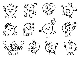 Kawaii strawberry character. Coloring Page. Cute cartoon fruit. Hand drawn style. Vector drawing. Collection of design elements.