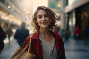 Portrait of a smiling woman out in the city on a shopping spree