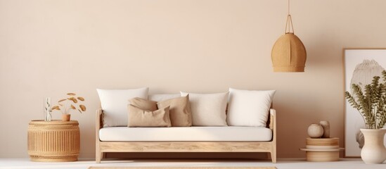 Stylish home decor with boho vibes featuring a beige living room, mock up poster frame, elegant accessories, dried floral arrangement, wooden console, and hanging rattan hut. Template.