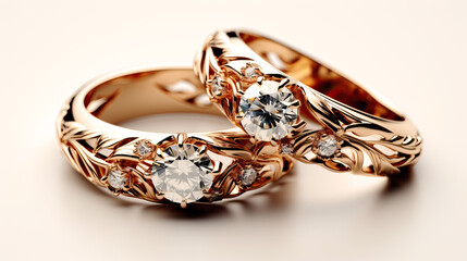 A pair of luxury diamond rings, shiny texture on the ground, on a white background.