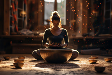 woman meditative sound healing practice - obrazy, fototapety, plakaty