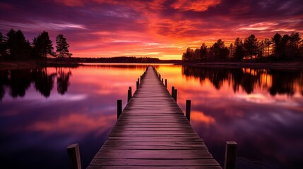 A serene view of a sunset over a calm lake with a wooden dock extending into the water