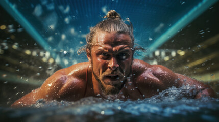 Portrait of a swimmer in the pool The action is packed with close-ups of swimmers immersed in the tense muscles of the water and athletic competition. - obrazy, fototapety, plakaty