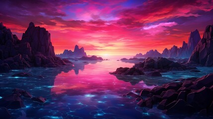 
A vivid and surreal sunset over a mythical seascape, the sky ablaze with unreal colors, floating rocks in the iridescent water