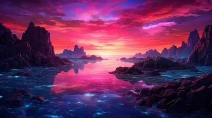 Fotobehang  A vivid and surreal sunset over a mythical seascape, the sky ablaze with unreal colors, floating rocks in the iridescent water © Sajib