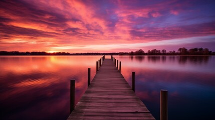Fototapeta na wymiar a serene lake at sunset with a big wooden dock extending into the water