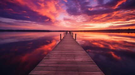 A stunning sunset casting warm hues across a tranquil lake, the horizon painted in shades of orange and purple, a rustic wooden dock extending into the water