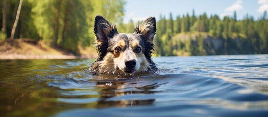 Summer swim of a Swedish Vallhund in a river. - obrazy, fototapety, plakaty