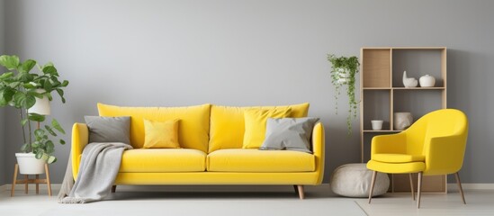 Bright living room interior featuring a yellow armchair, posters above a grey sofa. Real photo.