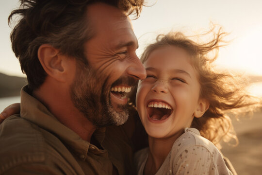 Happy family with young girl hugging her dad with smile and laughs , father daughter relationship concept image