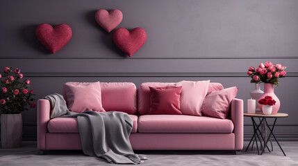 Interior of living room with sofa and decor for Valentine's Day with pink and red hearts and copy space background - obrazy, fototapety, plakaty