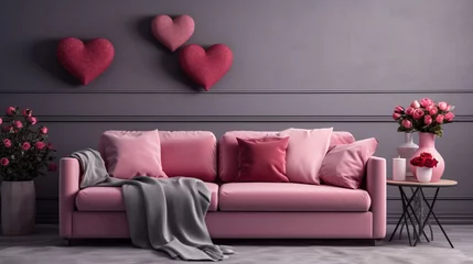 Foto op Canvas Interior of living room with sofa and decor for Valentine's Day with pink and red hearts and copy space background © Keitma