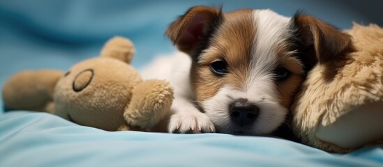 One month old terrier mix puppy cuddling toy in bed.