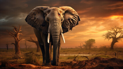 Close-up photo of a beautiful adult African elephant in the plains under the sunset sky.