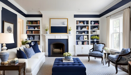 luxury blue beautiful living room with trim and fireplace - obrazy, fototapety, plakaty