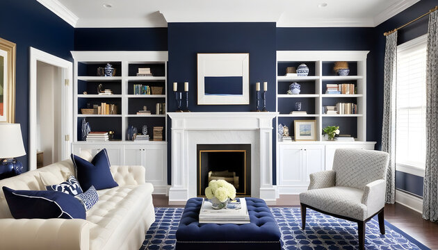 luxury blue beautiful living room with trim and fireplace