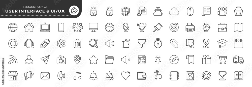 Aufkleber set of line icons in linear style. series - user interface. ui and ux. conceptual pictogram and info