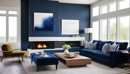 luxury blue beautiful living room with trim and fireplace
