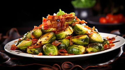 Brussel sprouts roasted with balsamic glaze and bacon bits. photo for the restaurant menu, macro photo