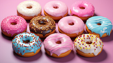 Mix of multicolored sweet donuts with sprinkles on a pink background