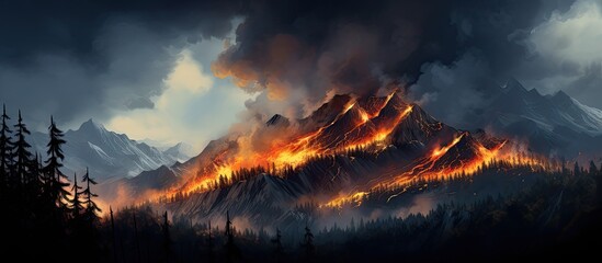 Mountain range fire, smoldering forest. - obrazy, fototapety, plakaty