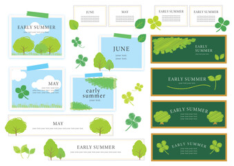 緑の葉イラストのフレーム　新緑　緑色　初夏　植物　自然　フォトフレーム　黒板　チョークアート