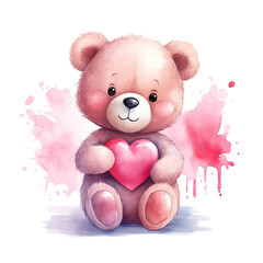 Obraz premium Cute watercolor style bear with heart valentine gift card design isolated on transparent background
