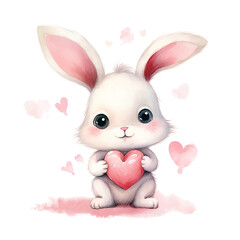 Obraz premium Cute watercolor style bunny rabbit with heart valentine gift card design isolated on transparent background