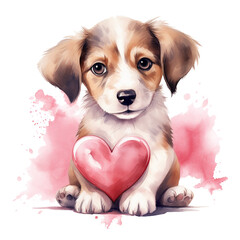 Cute watercolor style puppy dog with heart valentine gift card design isolated on transparent background