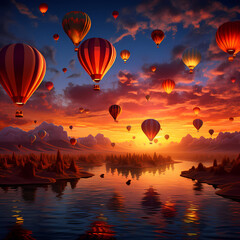 Cluster of hot air balloons drifting against a fiery sunset sky.