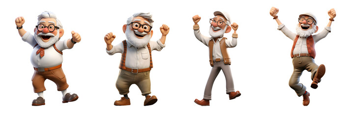 Set of 3D cartoon character cute elderly old man dancing happy celebrating have fun, Full body isolated on white and transparent background