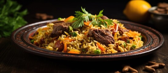 Traditional Uzbek pilaf, a hot dish with lamb, rice, vegetables, and spices, served on a plate with...