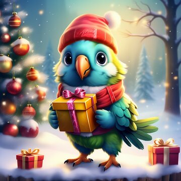 크리스마스 선물을 들고있는 귀여운 앵무새