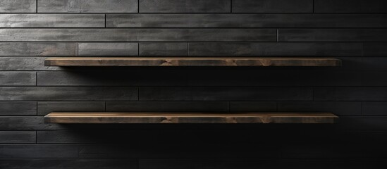 Empty wooden plank shelf with black brick wall background