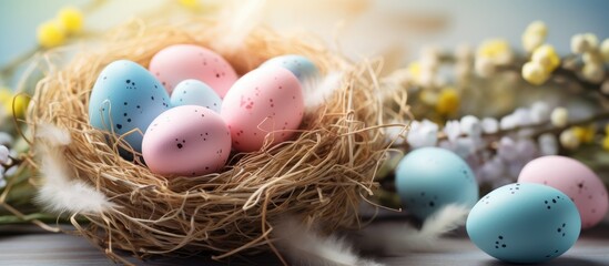 Pastel Easter eggs nest with German inscription, 'Happy Easter.'