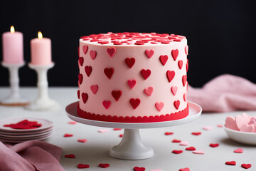 Obraz na płótnie Canvas Valentine's Day cake decorated with small edible hearts