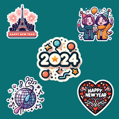 Set of happy new year Party 2024, Holiday stickers, vector, illustrations