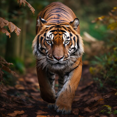 Fototapeta premium A wild tiger looking into camera in jungle safari royal wild cat