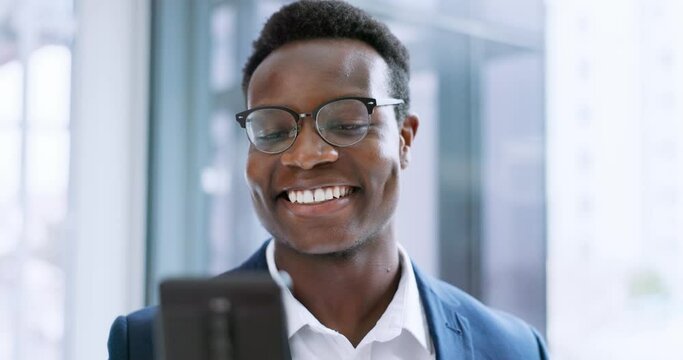 Happy businessman, phone and laughing for funny joke in social media, communication or networking at office. Face of black man or employee smile with mobile smartphone for online texting at workplace