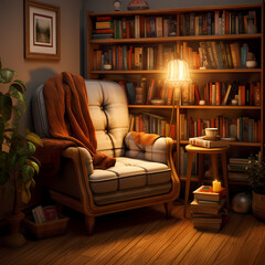 A cozy bookshelf with a comfortable reading chair.