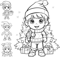Kid coloring book characters with christmas season, Santa clause, festival